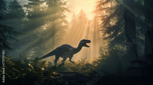 Dinosaur stands in sunny prehistoric forest. Photorealistic. © rabbit75_fot