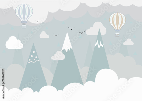 Blue Mountains and Hot Air Balloons, Scandinavian Wallpaper Mural for Kids, Nursery Wall Art, Soft Blue landscape, clouds, balloons, Mountains in doodle style