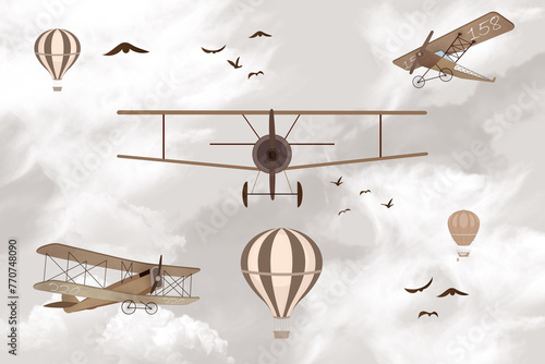 Planes and Hot Air Balloons Kids Wallpaper Mural, Grey Sky, Illustration, airship, wall art, for boys, Flying in the Sky