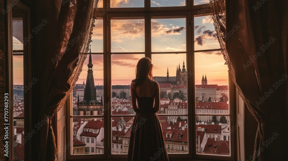 A graceful lady standing by a large window with a view of historic buildings in the city of Prague, Czech Republic in Europe. A graceful lady standing by a large window with a view of historic buildings in the city of Prague, Czech Republic in Europe.