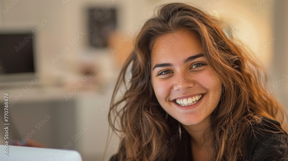 Closeup portrait of a young smiling white woman with brown hair working on a laptop Closeup portrait of a young smiling white woman with brown hair working on a laptop