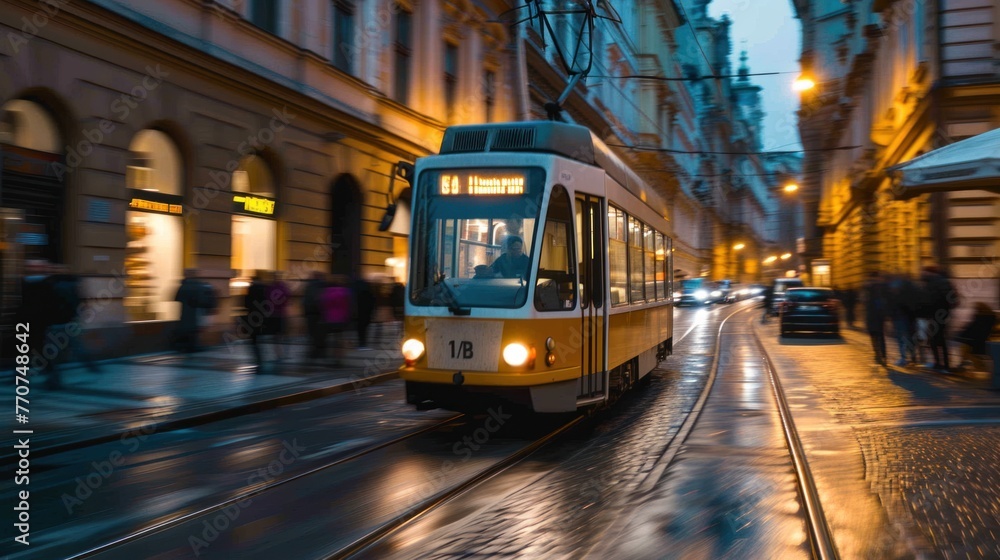 A tram in the street of Prague. Czech Republic in Europe.