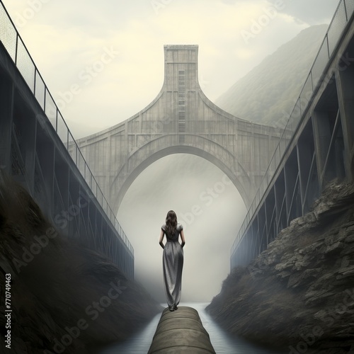 illustration of a gigantic dam and a bridge giant floating woman photo  Generative ai