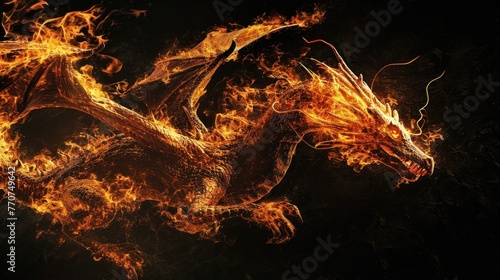 A dragon made from fire and lights over black background.