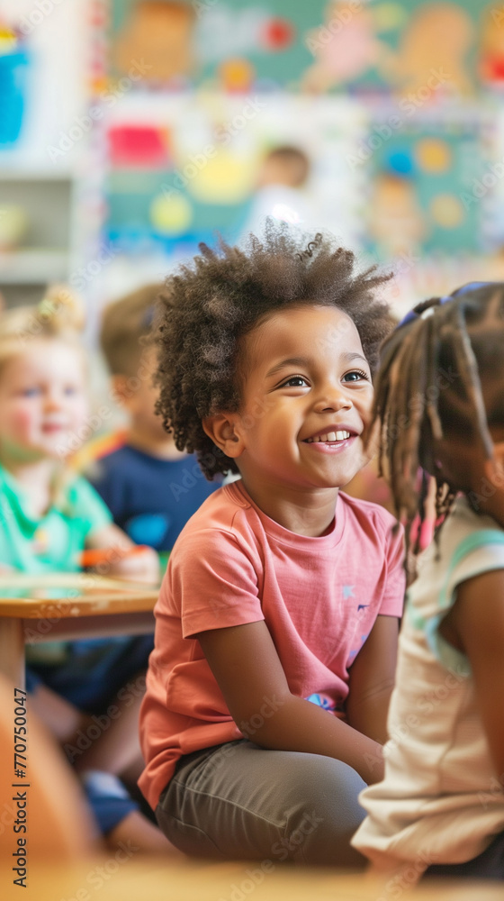 Black boy in kindergarten looking up smiling in class with other students Black boy in kindergarten looking up smiling in class with other students