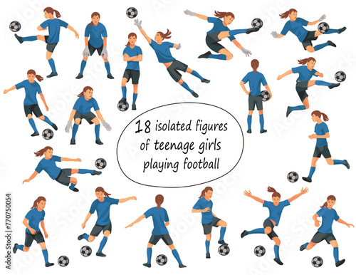 Teenage team figures of junior girl women s football players and goalkeepers in blue T-shirts in various poses jumping  running  catching the ball on a white background