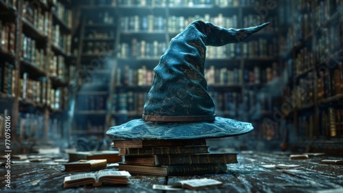 A wizard's hat lost in a library of arcane books, stories untold