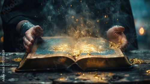 Alchemist transforming lead into gold, next to passive income spellbook photo