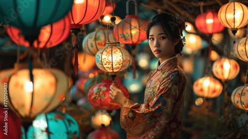 A beautiful young lady in traditional Hanfu in lantern festival in street to celebrate Chinese lunar new year.