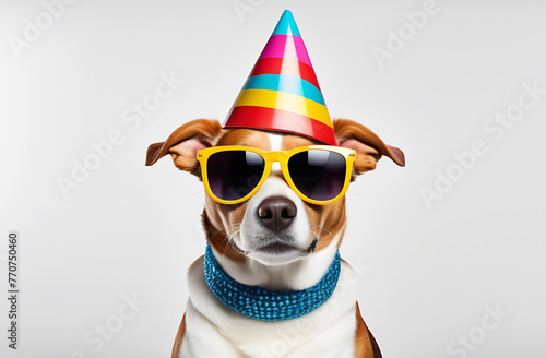 Cute puppy dog with party hat and glasses , birthday . Puppy dogs party. © maximilian_100
