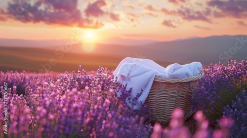 Basket of fresh laundry against lavender field, breeze, sunset