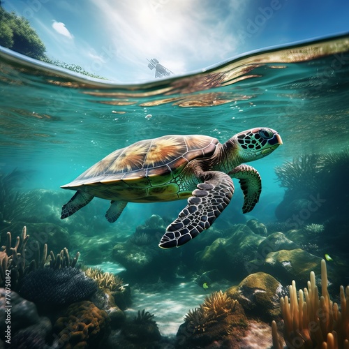 illustration of a turtle is swimming under a clear body of water, Generative ai