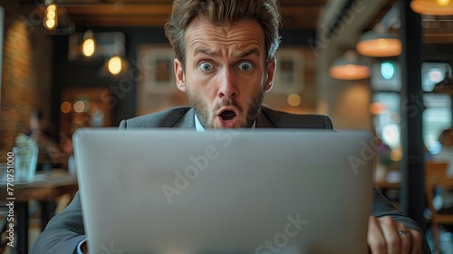 A businessman in a suit sits at a laptop with an open mouth gesture