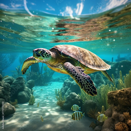 illustration of a turtle is swimming under a clear body of water  Generative ai