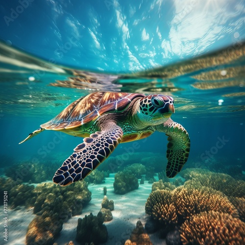 illustration of a turtle is swimming under a clear body of water, Generative ai © aniartai