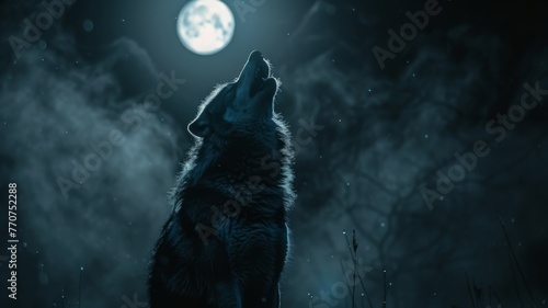 Shadowy figure of a werewolf howling on a full moon night