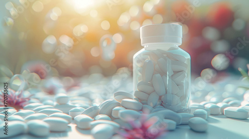 Immagine di un flacone di pillole rovesciato con compresse bianche sparse su un tavolo di legno photo
