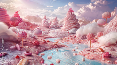 sfondo rosa di paese iperealistico fatto  di zucchero filato , gelato e panna montata, montagne di panna, fiume di  sciroppo, lecca lecca e dolci  , cielo azzurro con nuvolette rosa photo