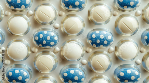 Pillole a capsula assortite bianche e blu su sfondo blu pastello, adatte a temi legati alla salute