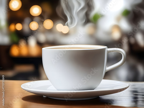 White Coffee cup with cough and blurred cafe background