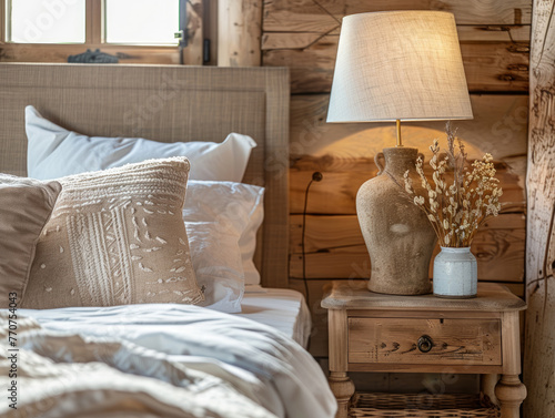 Primo piano di lampada da comodino rustica vicino al letto con testiera in legno. Arredamento di una camera da letto moderna in stile rustico francese, casalingo e provenzale, photo