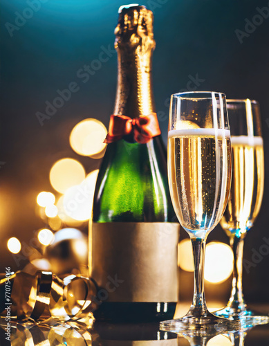 Champagne bottle with two glasses against bokeh background