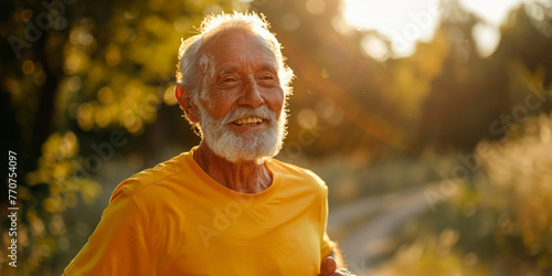 Felice uomo  atletico di 80 anni che fa jogging all'aperto, spazio per testo, signore anziano con maglietta gialla che corre le bosco photo