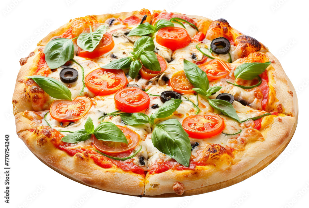 Tasty pizza with black olives and fresh basil png on transparent background Tasty pizza with black olives and fresh basil png on transparent background