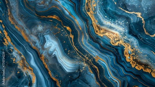 Fluid marble textures, swirling patterns of blue and gold, luxurious feel