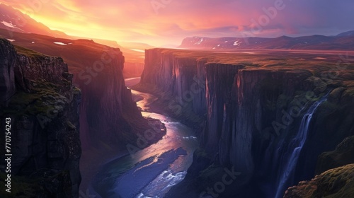 Majestic landscape of rugged lands with valleys and river.