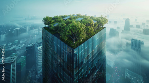 dettagli di un edificio per uffici iperrealistico ed ecologico in una città moderna. Facciata in vetro sostenibile con alberi integrati per ridurre il calore e l'anidride carbonica. Giardini pensili  photo