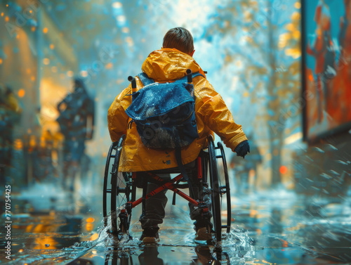 giovane disabile visto di spalle su sedia a roelle lungo una strada di città, concetto di disabilità nel mondo moderno photo