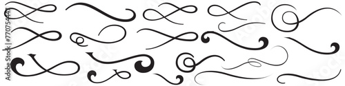 Set of Hand drawn curly swishes, swashes, swoops. Calligraphy swirl. Highlight text element Vectors isolated on transparent background. Underline typography tail shape. Brush drawn thick curved smear.