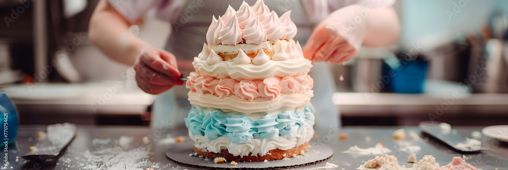 Artistic Icing Technique on a Delectably Layered Cake - Captivating Image of Exquisite Culinary Skill