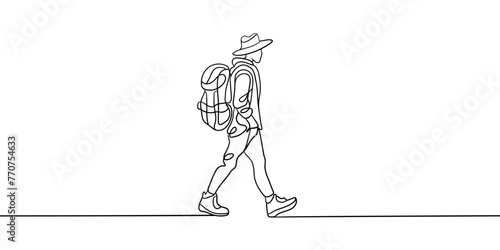 Traveler on the road with a backpack on white background. Tourist continuous line art drawing isolated on white background. Vector illustration