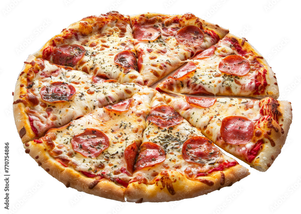 Classic pepperoni pizza with cheese and toppings png on transparent background Classic pepperoni pizza with cheese and toppings png on transparent background