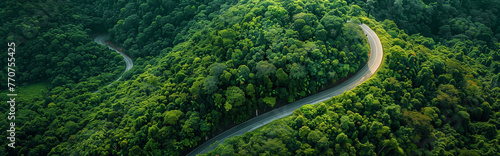 Top view of beautiful curve road surrounded by nature. Generative AI © Nipawan