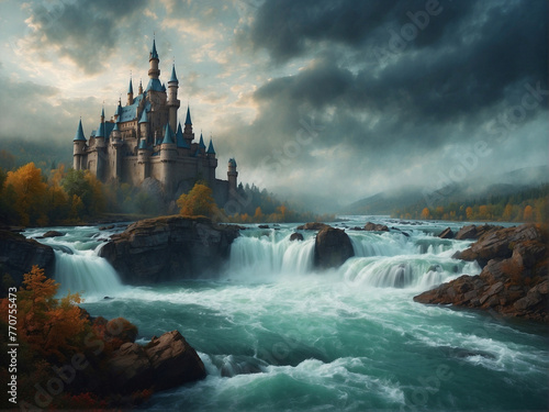 Majestic Waterfall Castle Enchanting Fantasy Landscape with Dreamy Castles  Magical Realms  and Fairytale Charm. Illustration of Fantasy Kingdom on Water.