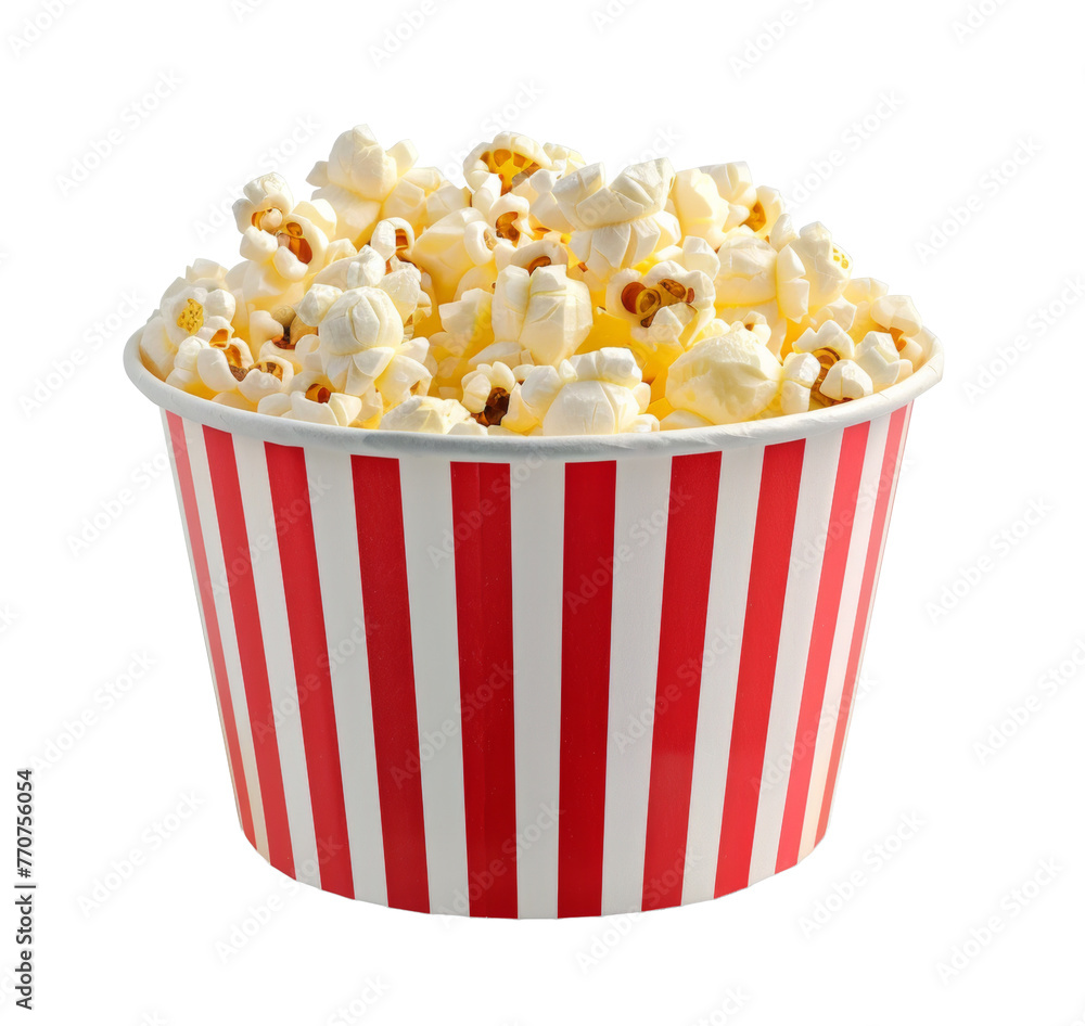 Classic cinema-style popcorn in a striped cup png on transparent background