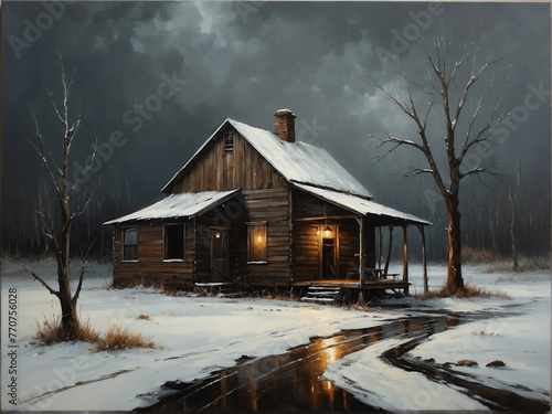 Winter Wonderland Cozy Village Night - Snowy Retreat, Tranquil Atmosphere, Rustic Charm. Illustration of Winter Evening in a Rural Setting. photo