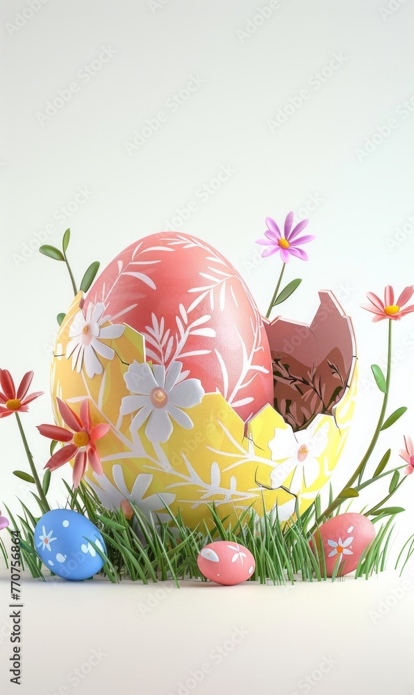 Cracked half open eggshell, colorful Easter egg with white flowers on yellow background. Pink egg and flowers inside, minimal background. Cracked half open eggshell, colorful Easter egg with white flowers on yellow background. Pink egg and flowers inside, minimal background.