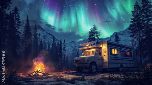RV truck parked in campsite in snow field with beautiful aurora northern lights in night sky with snow forest in winter.