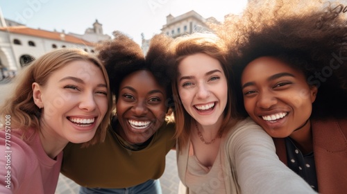 A group of women with different hair colors are smiling and posing for a picture