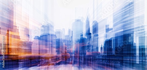 A city skyline made of blurred lines and shapes  with skyscrapers in shades of blue against the white sky The buildings are filled with light purple and orange hues Generative AI