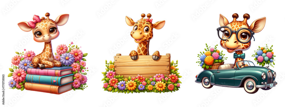 Naklejka premium Cute giraffe with spring flowers