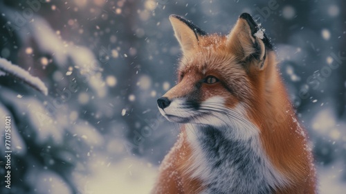 Red fox in wild snow field with beautiful aurora northern lights in night sky with snow forest in winter.