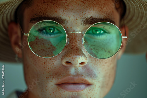 
handsome ginger young man with green eyes and freckles wearing round transculent green glasses, hat, closeup portrait photo