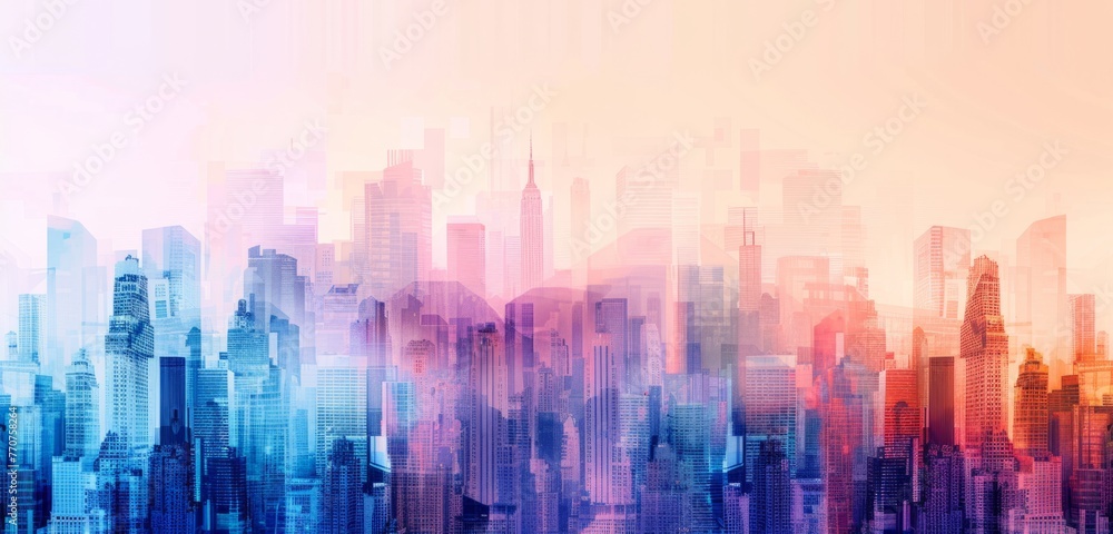 A city skyline made of blurred shapes, with buildings in shades of blue and purple against a white background Generative AI