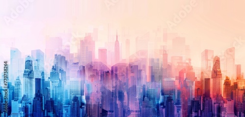 A city skyline made of blurred shapes  with buildings in shades of blue and purple against a white background Generative AI