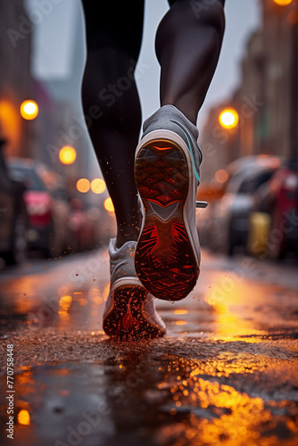 Visual image of the energy of running on a city street. The image focuses on the runner's shoes and ankles, capturing the moment they hit the ground forcefully as they move forward.  photo
